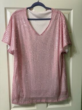 Women's Pink Sequin V-Neck Short Sleeve Top